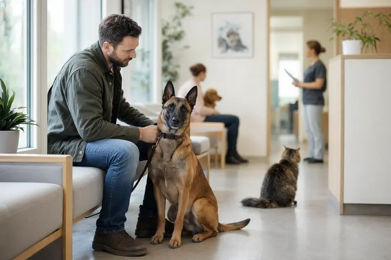 Ein Belgischer Schäferhund (Malinois) sitzt ruhig neben seinem Besitzer im hellen Wartezimmer einer modernen Tierarztpraxis.
